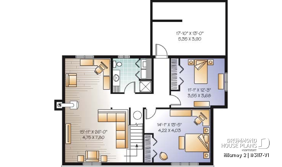 Basement - Affordable 2 bedroom one-storey country style house plan, finished basement (2 more beds), screened in porch - Killarney 2