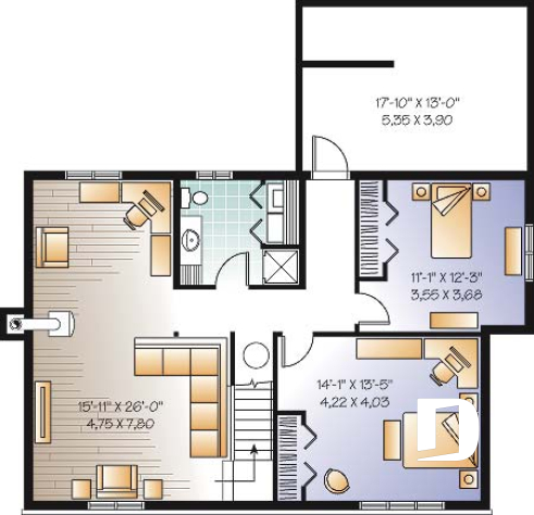 Basement - Affordable 2 bedroom one-storey country style house plan, finished basement (2 more beds), screened in porch - Killarney 2