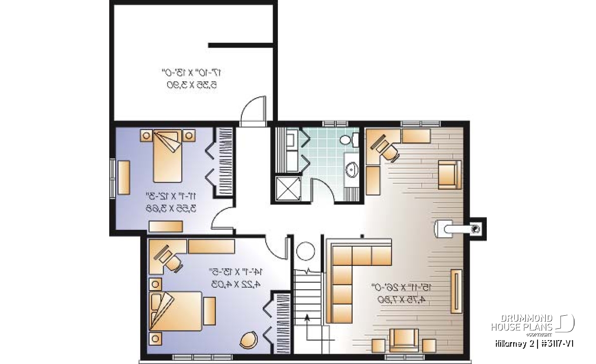 Basement - Affordable 2 bedroom one-storey country style house plan, finished basement (2 more beds), screened in porch - Killarney 2