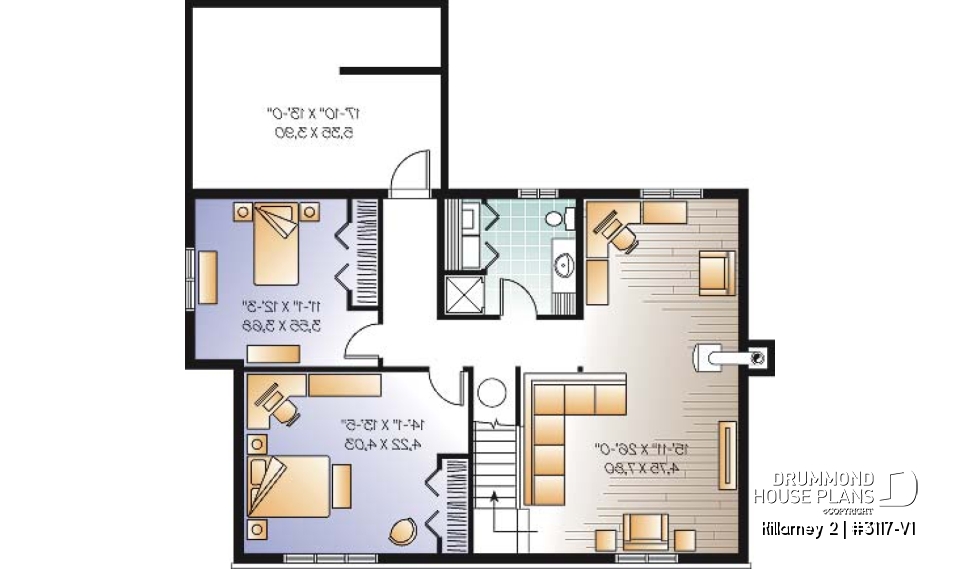 Basement - Affordable 2 bedroom one-storey country style house plan, finished basement (2 more beds), screened in porch - Killarney 2