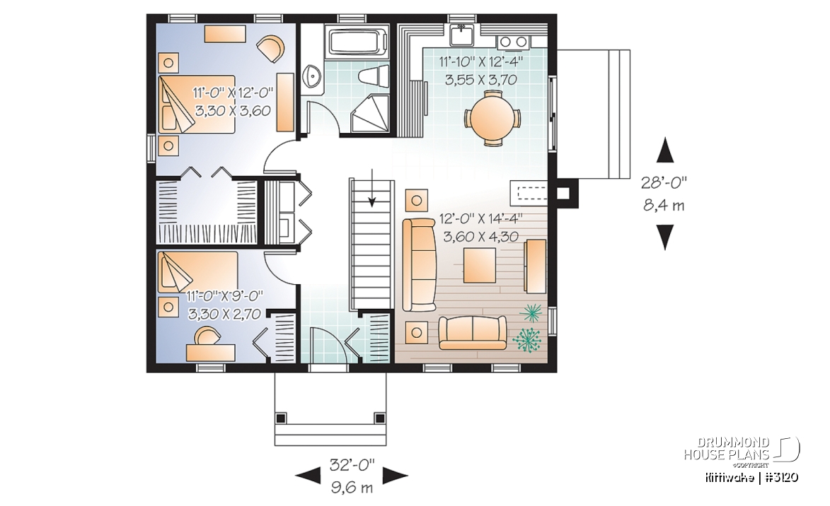 1st level - 2 bedroom bungalow house plan with convivial floor plan and large walk-in closet in master bedroom - Kittiwake