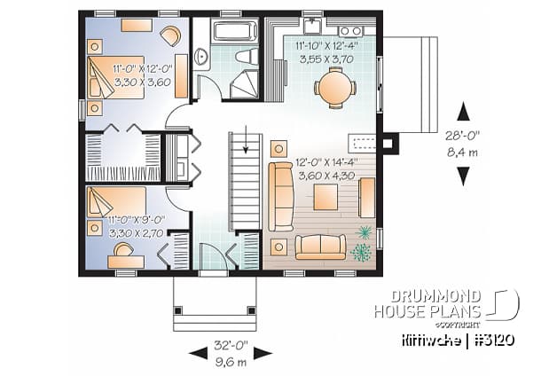 1st level - 2 bedroom bungalow house plan with convivial floor plan and large walk-in closet in master bedroom - Kittiwake