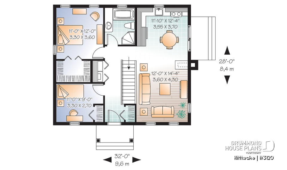 1st level - 2 bedroom bungalow house plan with convivial floor plan and large walk-in closet in master bedroom - Kittiwake