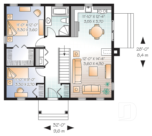 1st level - 2 bedroom bungalow house plan with convivial floor plan and large walk-in closet in master bedroom - Kittiwake