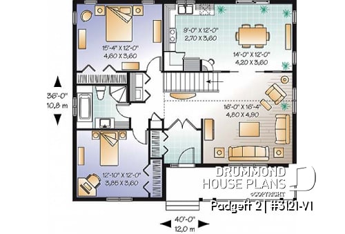 1st level - Cozy 2 -4 bedroom bungalow house plan, pantry and planning desk in kitchen, open floor plan with 9' ceiling,  - Padgett 2