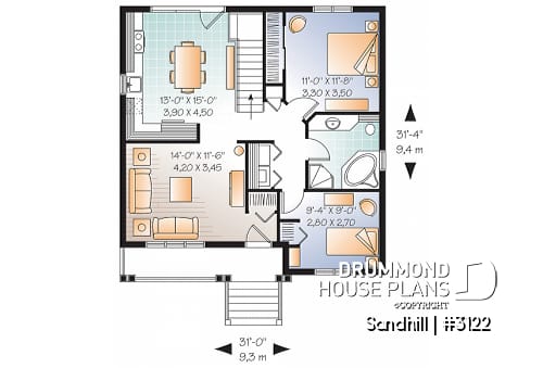 1st level - Affordable 2 bedroom transitional style bungalow house plan with full basement and veranda - Sandhill