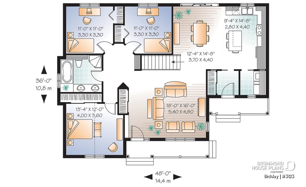 1st level - 3 bedroom bungalow house plan with 2 front entrances, laundry on main floor, kitchen island, large living room - Bickley