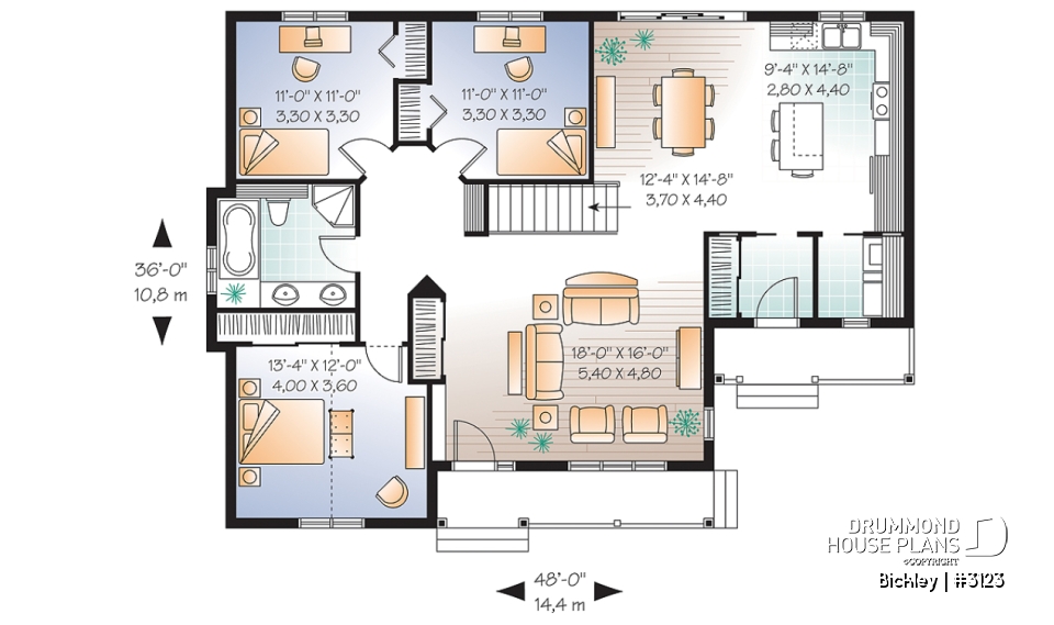 1st level - 3 bedroom bungalow house plan with 2 front entrances, laundry on main floor, kitchen island, large living room - Bickley