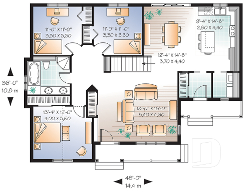 1st level - 3 bedroom bungalow house plan with 2 front entrances, laundry on main floor, kitchen island, large living room - Bickley