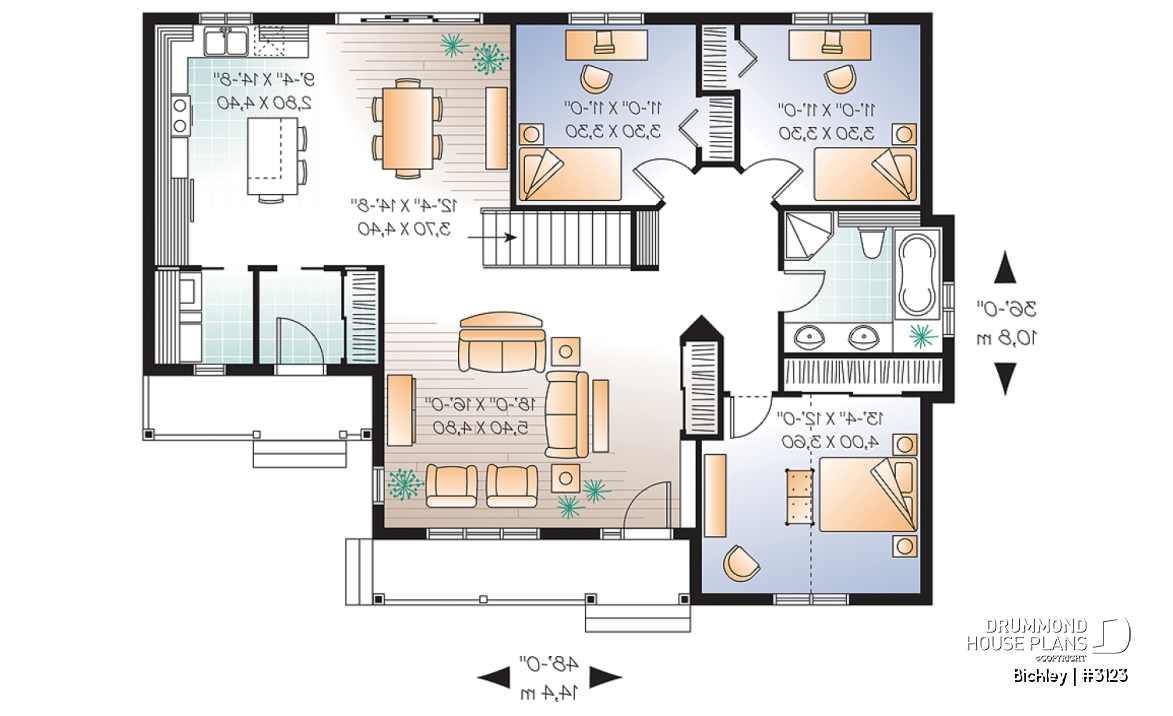 1st level - 3 bedroom bungalow house plan with 2 front entrances, laundry on main floor, kitchen island, large living room - Bickley