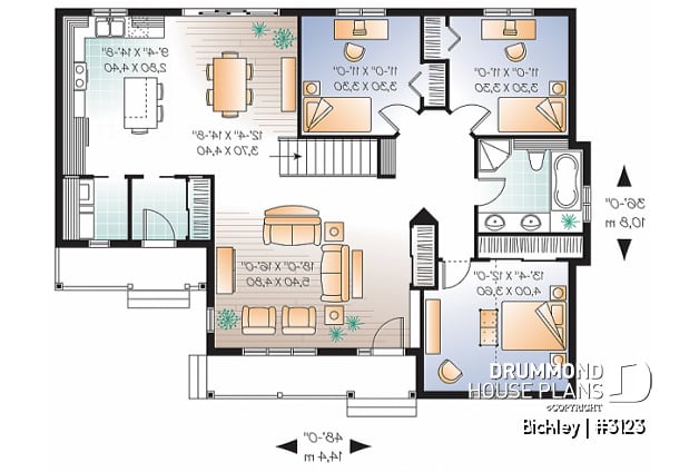 1st level - 3 bedroom bungalow house plan with 2 front entrances, laundry on main floor, kitchen island, large living room - Bickley