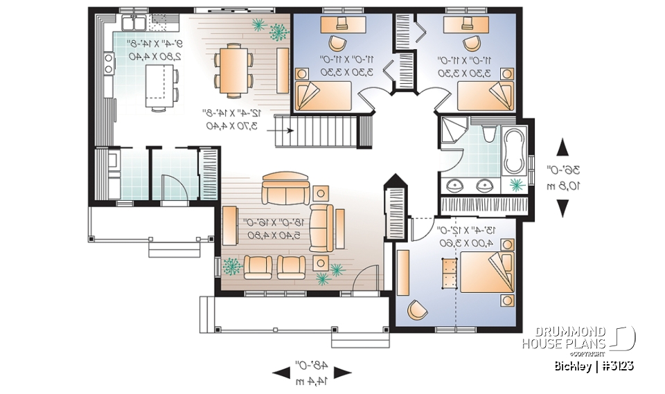 1st level - 3 bedroom bungalow house plan with 2 front entrances, laundry on main floor, kitchen island, large living room - Bickley