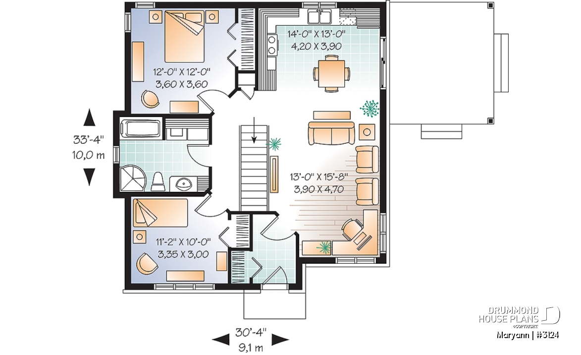 1st level - Economical 2 bedroom Bungalow home plan with covered terrace, laundry on main floor and 9' ceiling - Maryann