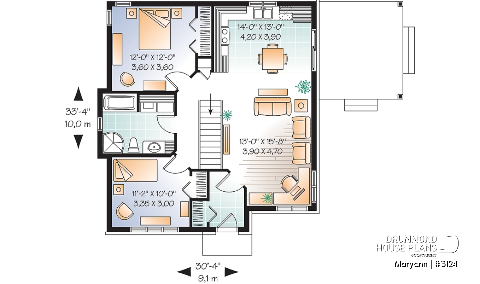 1st level - Economical 2 bedroom Bungalow home plan with covered terrace, laundry on main floor and 9' ceiling - Maryann