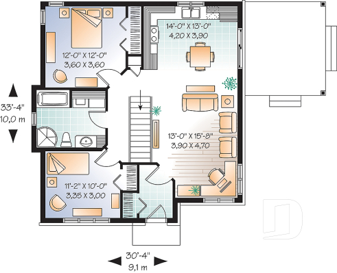 1st level - Economical 2 bedroom Bungalow home plan with covered terrace, laundry on main floor and 9' ceiling - Maryann