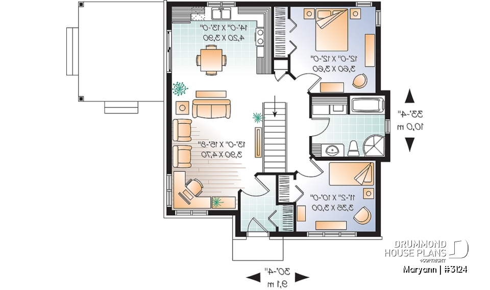 1st level - Economical 2 bedroom Bungalow home plan with covered terrace, laundry on main floor and 9' ceiling - Maryann