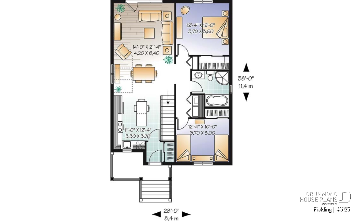 1st level - Traditional one storey house plan, small bungalow with large kitchen island, open floor plan concept - Fielding