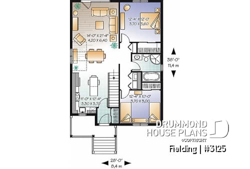 1st level - Traditional one storey house plan, small bungalow with large kitchen island, open floor plan concept - Fielding