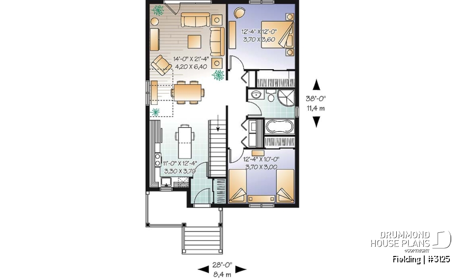 1st level - Traditional one storey house plan, small bungalow with large kitchen island, open floor plan concept - Fielding
