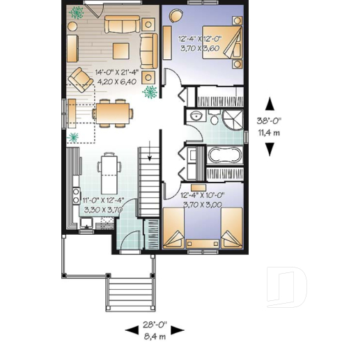 1st level - Traditional one storey house plan, small bungalow with large kitchen island, open floor plan concept - Fielding