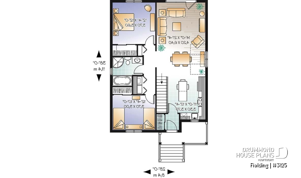1st level - Traditional one storey house plan, small bungalow with large kitchen island, open floor plan concept - Fielding