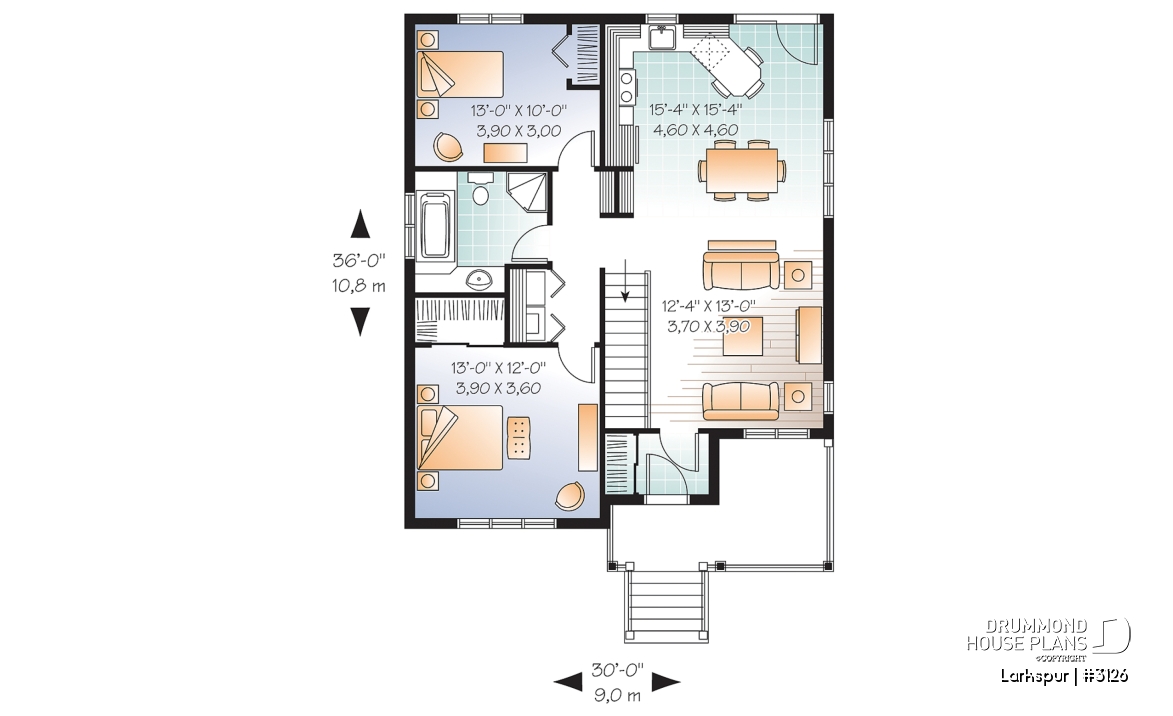 1st level - Affordable 2 bedroom American style bungalow house plan, entrance foyer, open floorplan, low construction cost - Larkspur