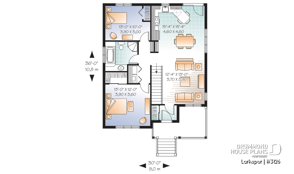 1st level - Affordable 2 bedroom American style bungalow house plan, entrance foyer, open floorplan, low construction cost - Larkspur