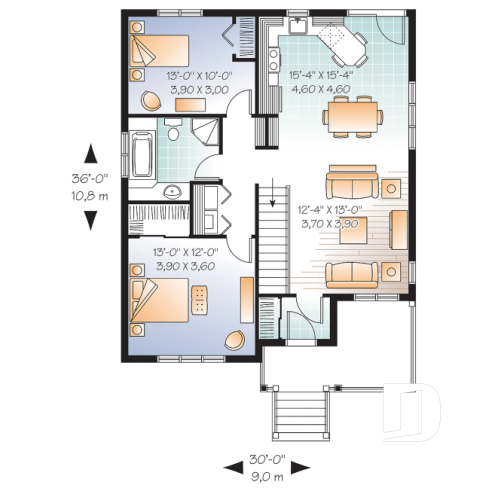 1st level - Affordable 2 bedroom American style bungalow house plan, entrance foyer, open floorplan, low construction cost - Larkspur