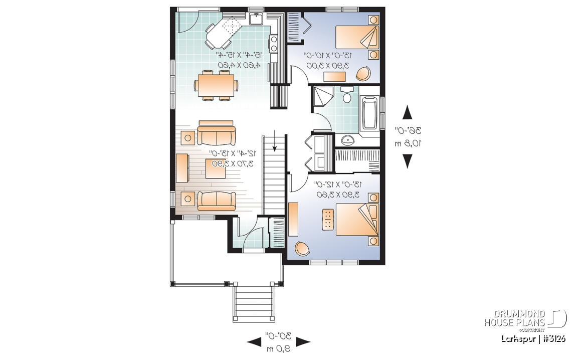 1st level - Affordable 2 bedroom American style bungalow house plan, entrance foyer, open floorplan, low construction cost - Larkspur
