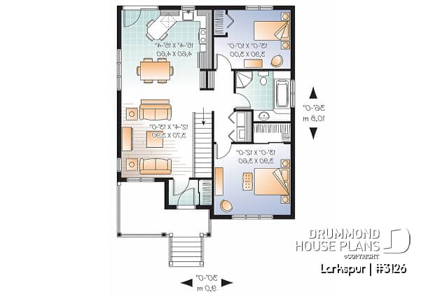 1st level - Affordable 2 bedroom American style bungalow house plan, entrance foyer, open floorplan, low construction cost - Larkspur