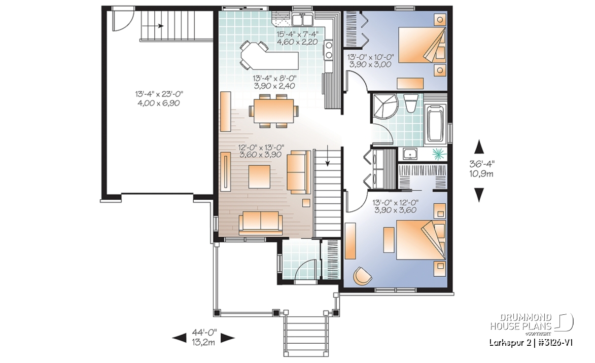 1st level - Small and affordable Bungalow house plan, open floor plan, master bed w/ walk-in, garage with basement access - Larkspur 2