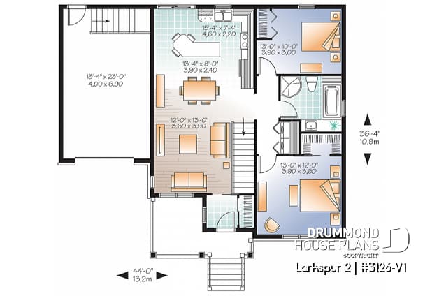 1st level - Small and affordable Bungalow house plan, open floor plan, master bed w/ walk-in, garage with basement access - Larkspur 2