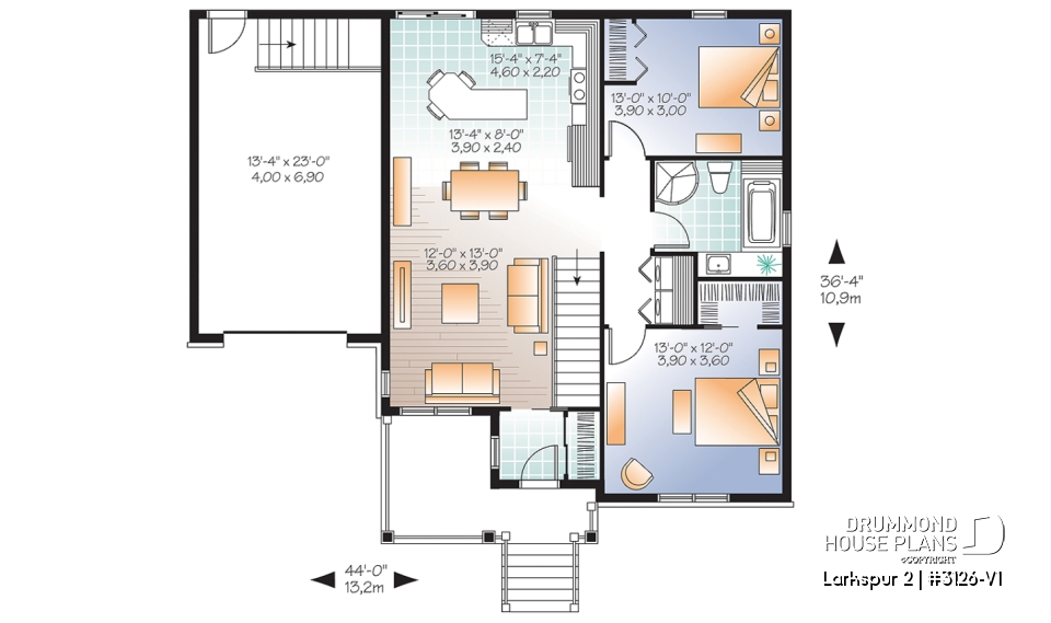 1st level - Small and affordable Bungalow house plan, open floor plan, master bed w/ walk-in, garage with basement access - Larkspur 2