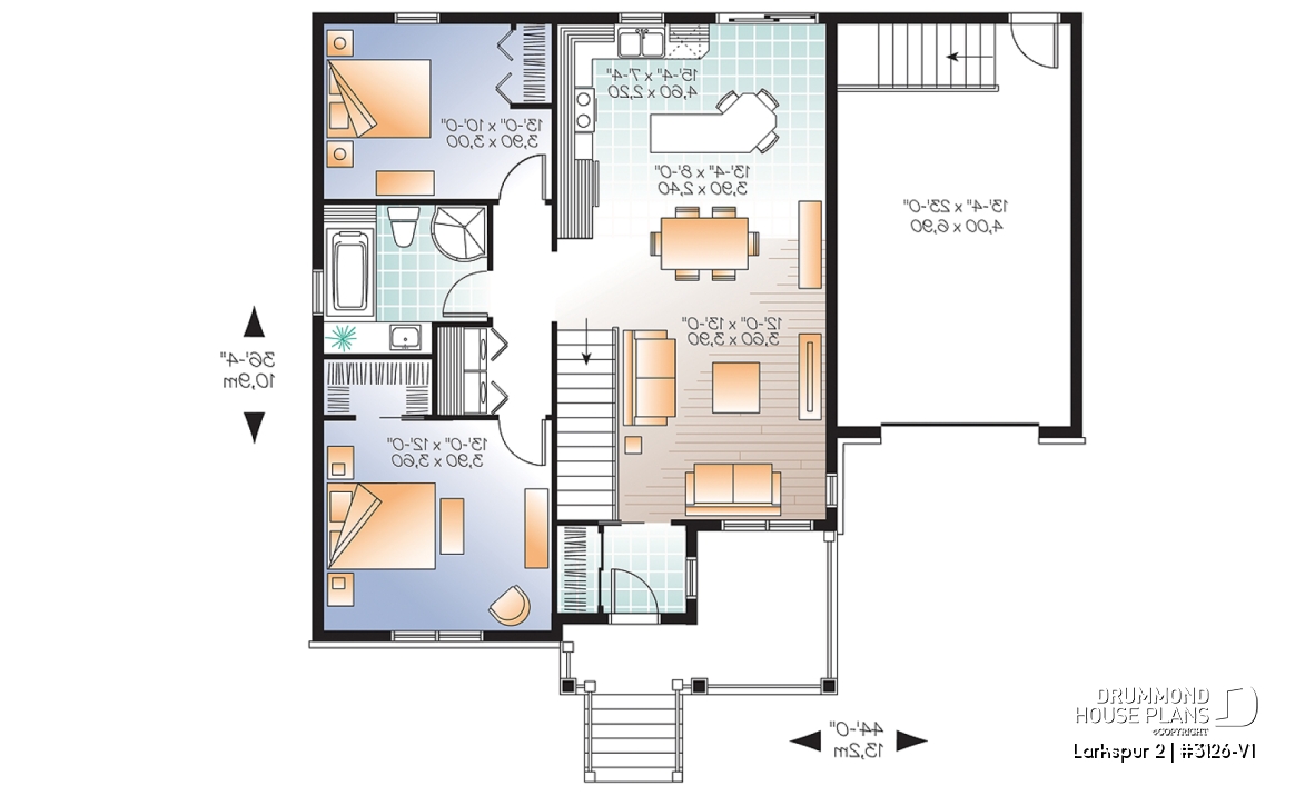 1st level - Small and affordable Bungalow house plan, open floor plan, master bed w/ walk-in, garage with basement access - Larkspur 2