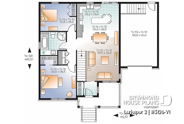 1st level - Small and affordable Bungalow house plan, open floor plan, master bed w/ walk-in, garage with basement access - Larkspur 2