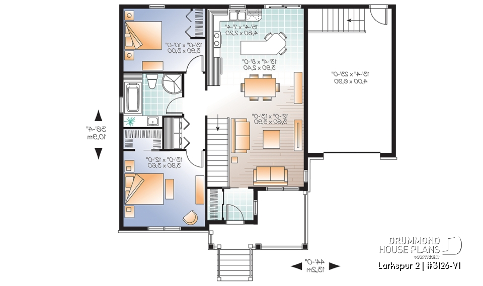 1st level - Small and affordable Bungalow house plan, open floor plan, master bed w/ walk-in, garage with basement access - Larkspur 2