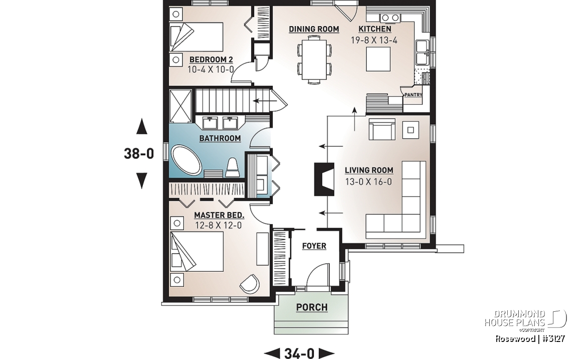 1st level - Economical ranch style house plan, sunken family room with fireplace, unfinished daylight basement - Rosewood