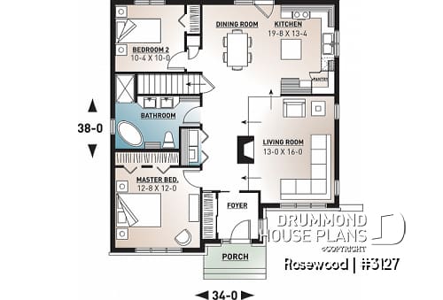 1st level - Economical ranch style house plan, sunken family room with fireplace, unfinished daylight basement - Rosewood