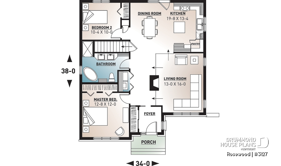1st level - Economical ranch style house plan, sunken family room with fireplace, unfinished daylight basement - Rosewood