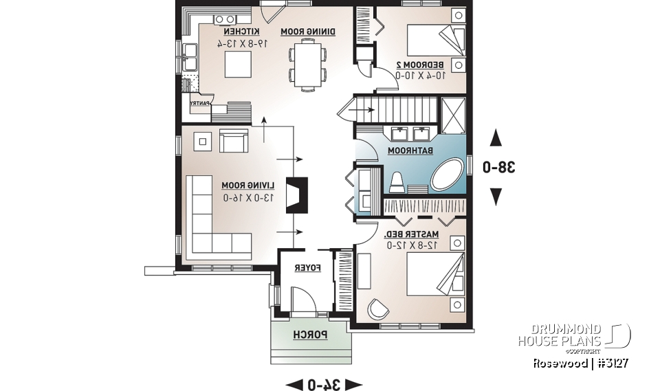 1st level - Economical ranch style house plan, sunken family room with fireplace, unfinished daylight basement - Rosewood