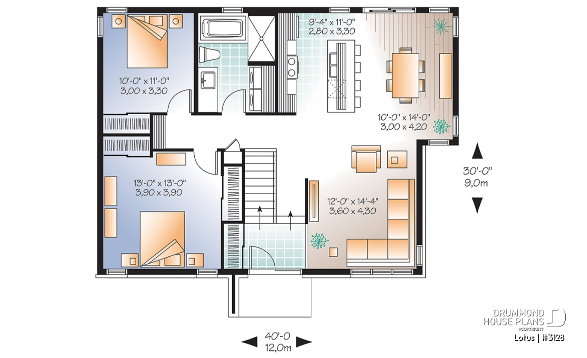 1st level - Modern Single storey house plan, 2 bedrooms, large shower stall, large kitchen island, natural light  - Lotus