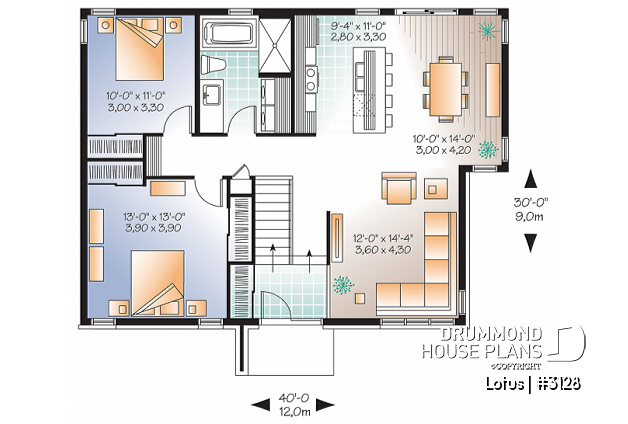 1st level - Modern Single storey house plan, 2 bedrooms, large shower stall, large kitchen island, natural light  - Lotus