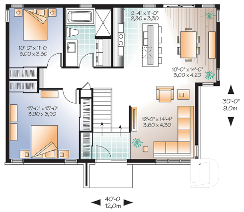 1st level - Modern Single storey house plan, 2 bedrooms, large shower stall, large kitchen island, natural light  - Lotus