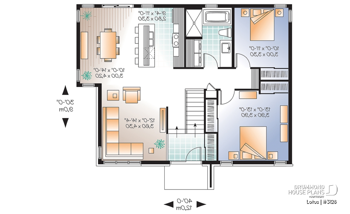 1st level - Modern Single storey house plan, 2 bedrooms, large shower stall, large kitchen island, natural light  - Lotus