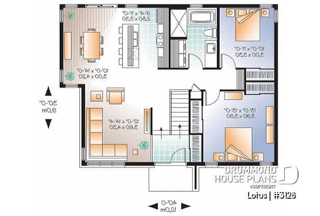1st level - Modern Single storey house plan, 2 bedrooms, large shower stall, large kitchen island, natural light  - Lotus