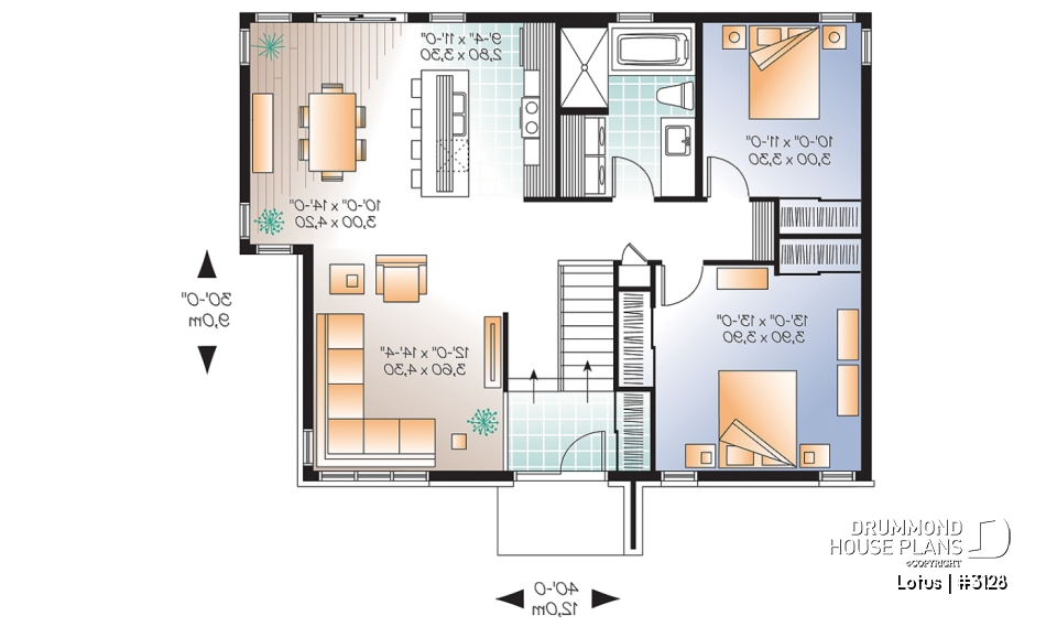 1st level - Modern Single storey house plan, 2 bedrooms, large shower stall, large kitchen island, natural light  - Lotus