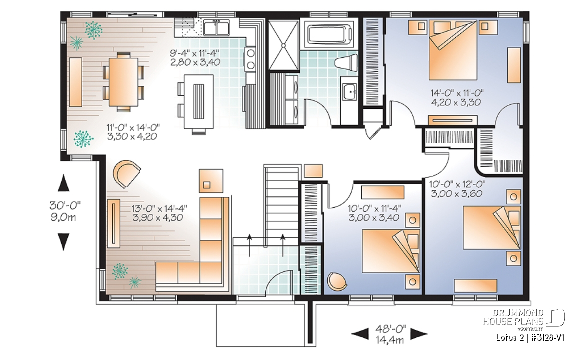 1st level - 3 bedroom modern house plan, open living space, affordable to build, great look - Lotus 2
