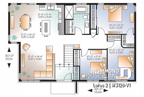 1st level - 3 bedroom modern house plan, open living space, affordable to build, great look - Lotus 2