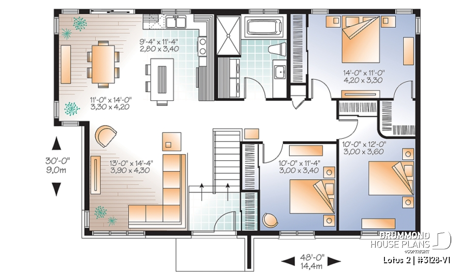 1st level - 3 bedroom modern house plan, open living space, affordable to build, great look - Lotus 2