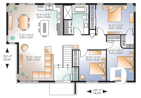 1st level - 3 bedroom modern house plan, open living space, affordable to build, great look - Lotus 2
